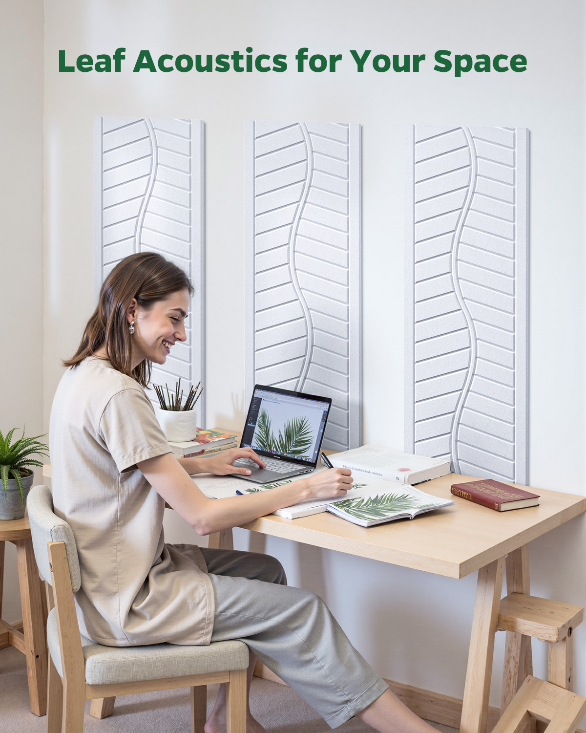 Kuchoow Acoustic Panels Self-Adhesive Sound Absorbing Panel for Recording Studio, 6 Pack Leaf Textured Decorative White Art Ceiling Tiles Sound Panel for Home Gaming Room 17" × 12" × 0.4"
