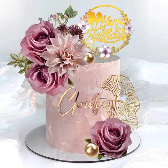 Flower Cake Toppers Happy Birthday Cake Toppers with Artificial Purple Rose Flowers Eucalyptu Leaves for Birthday Wedding Party