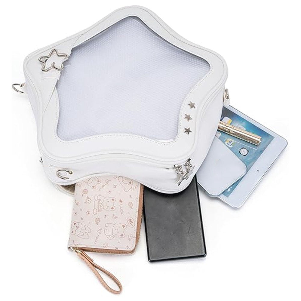 Jiibva White Star Backpack PU Leather Shoulder Bag Star Shape Tote Bag, Y2K Spicygirl Travel Backpack Messenger Bag