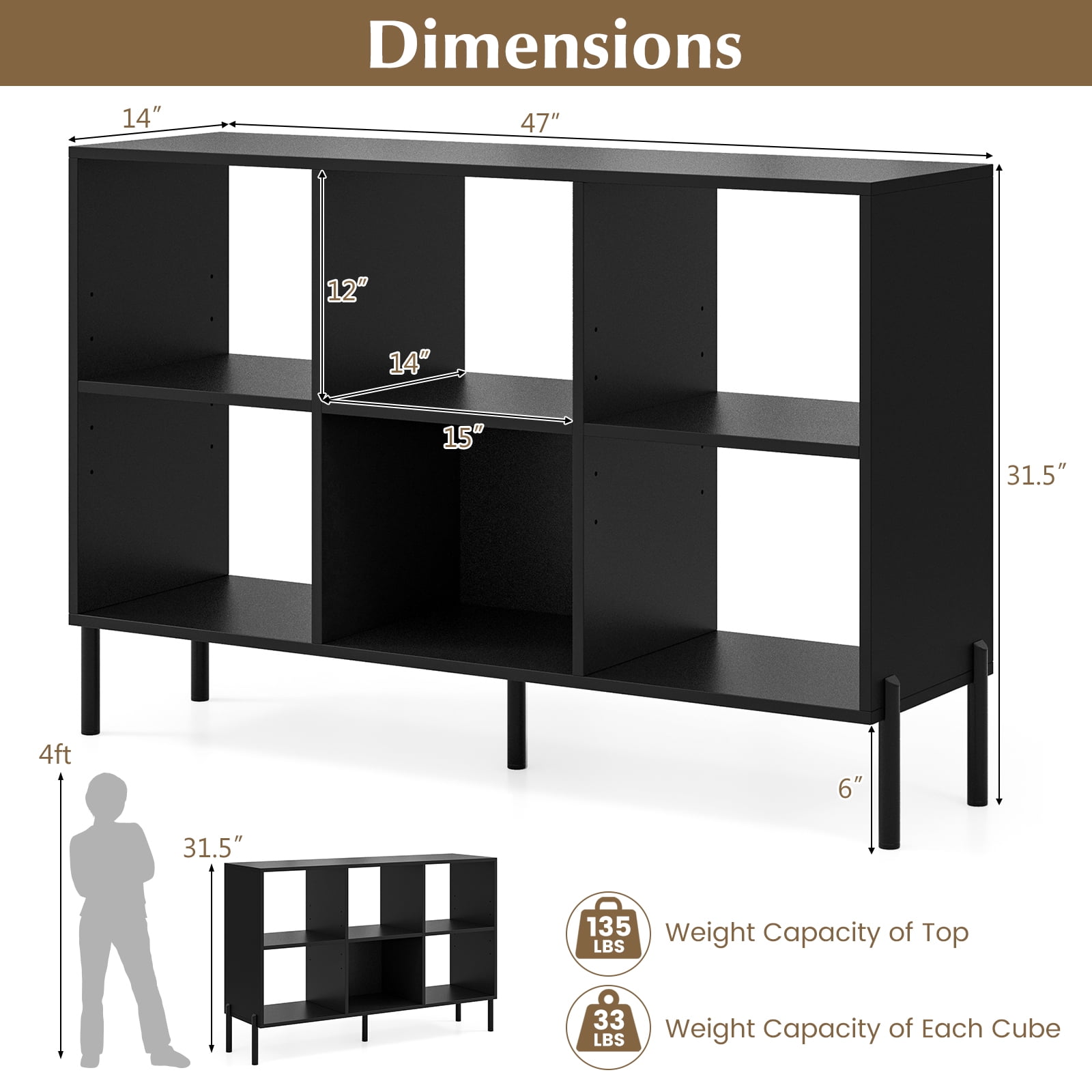 Giantex 6 Cube Storage Organizer Bookshelf, Wood Open Bookcase w/Metal Legs, Adjustable Display Shelf, Black