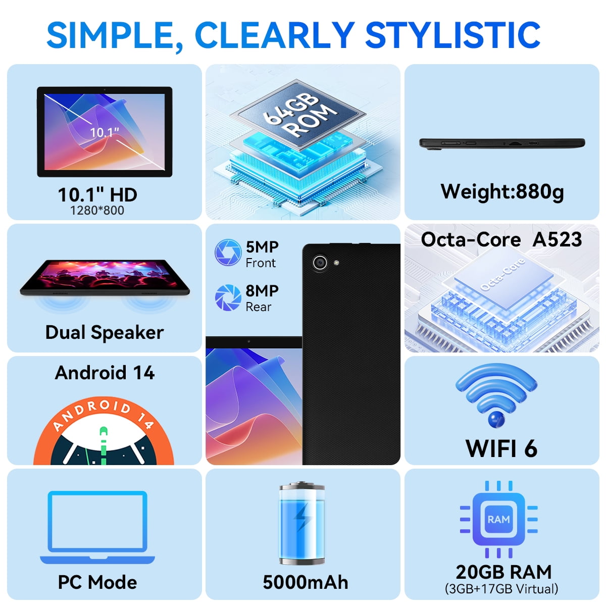 AEEZO 10.1 Inch Tablet Set with Keyboard Set,20GB RAM+ 64GB ROM/1TB Expandable,Octa-Core 2.4 GHz,5MP + 8MP, 5000mAh, Black