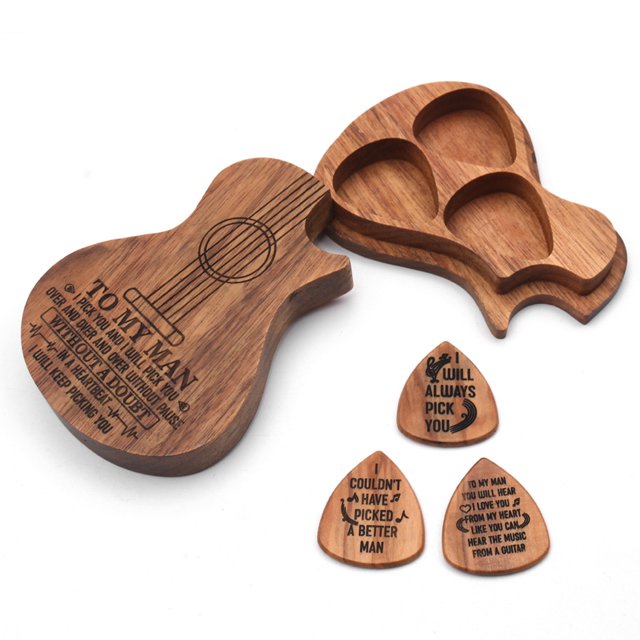 Wooden Guitar Pick Box Holder Guitar Shape 3 Compartments Paddles Wood Container with 3pcs Olivewood