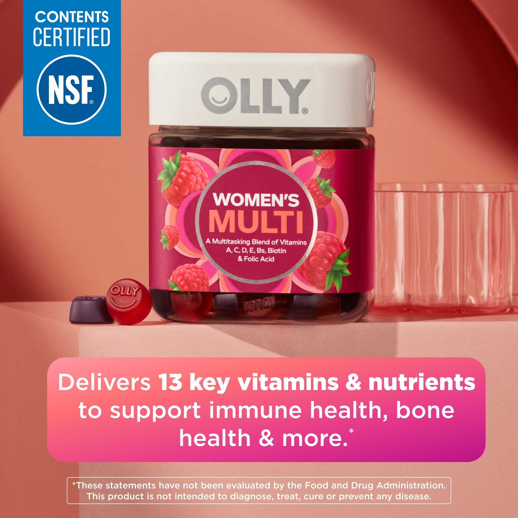 (2 pack) OLLY Women's Multivitamin Gummy Supplement, Vitamins A, D, C, E, Biotin, Folic Acid, 90 Count
