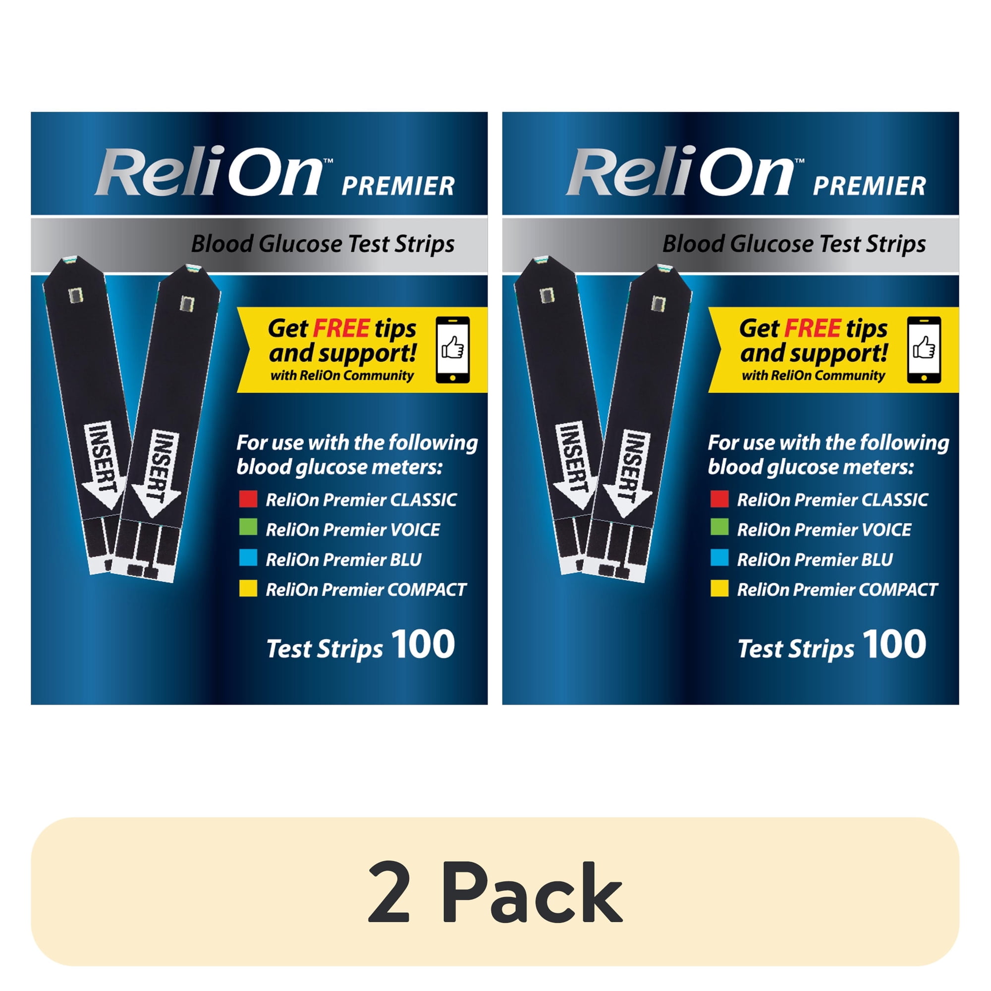 (2 pack) ReliOn Premier Blood Glucose Test Strips, 100 Count – Diabetes Blood Sugar Test Strips, No Coding, for ReliOn Premier Meters
