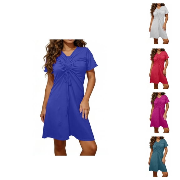 HVOBTTY Womens Fashion Lightweight T Shirt Dresses, Summer Dresses for Women, Womens Casual Solid Color Short Sleeve V Neck Adjustable Drawstring Dresses Blue, XXXL