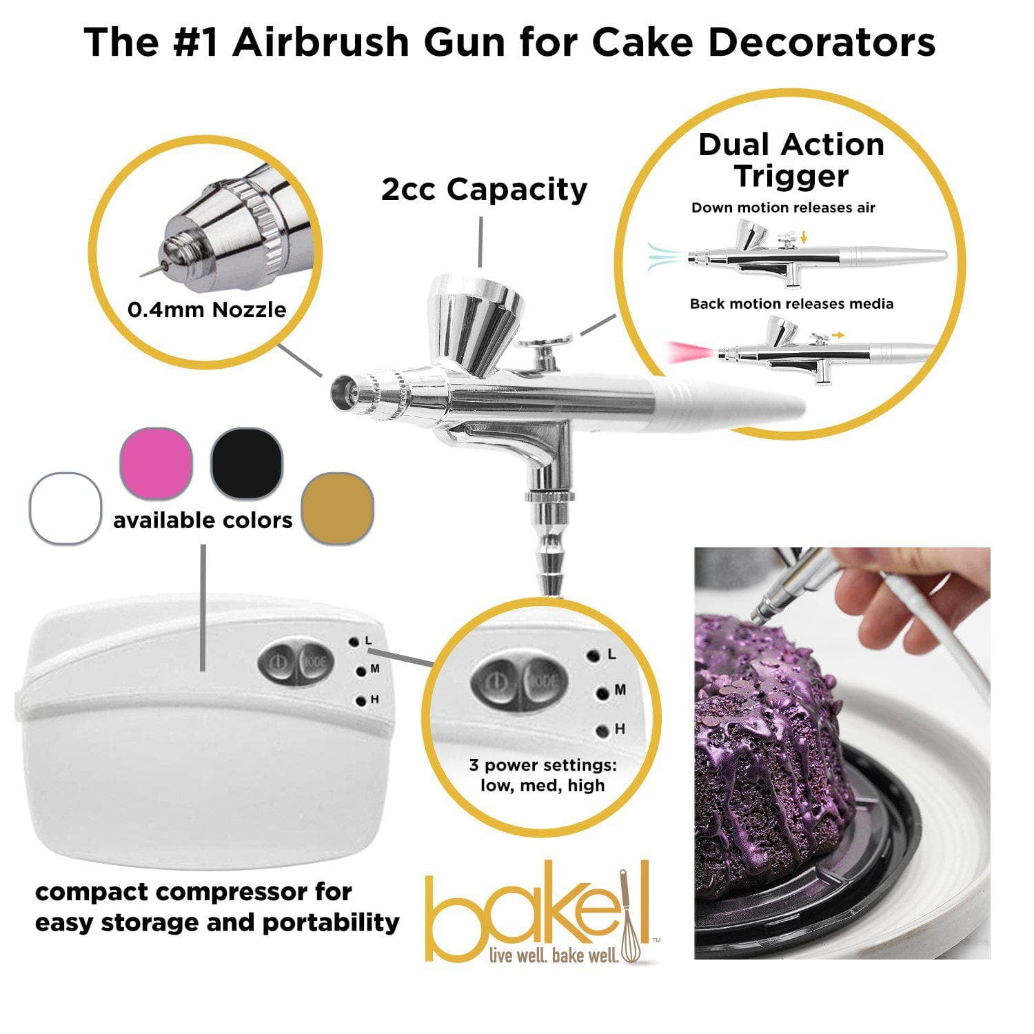 Bakell - Professional Series Airbrush Gun Kit (White Edition) Including Four, 4g Jars of Luster Dust for Cake Decorating, Art and Crafting!