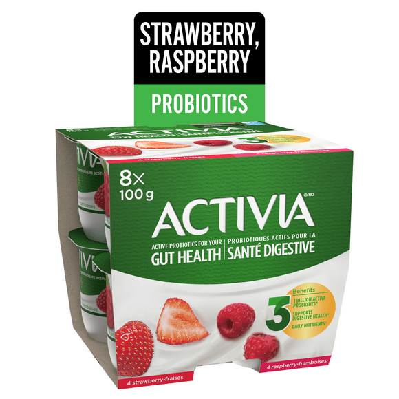 Activia Probiotic Yogurt, Strawberry/Raspberry, 8 x 100 g
