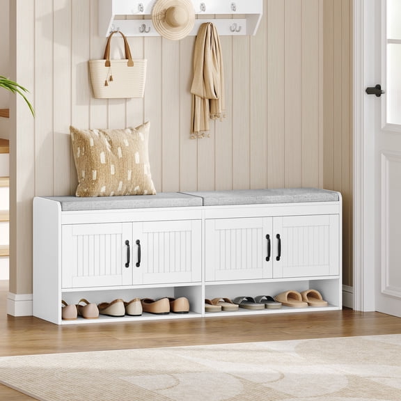 Hzuaneri Shoe Storage Bench, 55.1" W 3‑Tier Entryway Bed‑End Organizer with Padded Cushion, 4 Doors & Adjustable Shelves, Holds 18‑21 Pairs for Bedroom, White