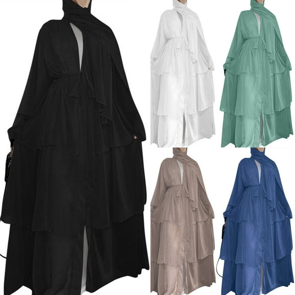 Women Chiffon Dresses Open Front Cardigan Maxi Long Dress Loose Solid Color Plus Size Long Sleeve V-neck Dress Belt Dress