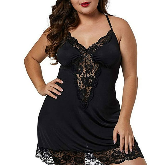 TEVEQ Women's Plus Size Lace Chemise Nightwear Spaghetti Strap Nightgown Hollow Out Sleepwear Nightdress Underwear Sleepwear V-Neck Dress Lace Women Deep Black L