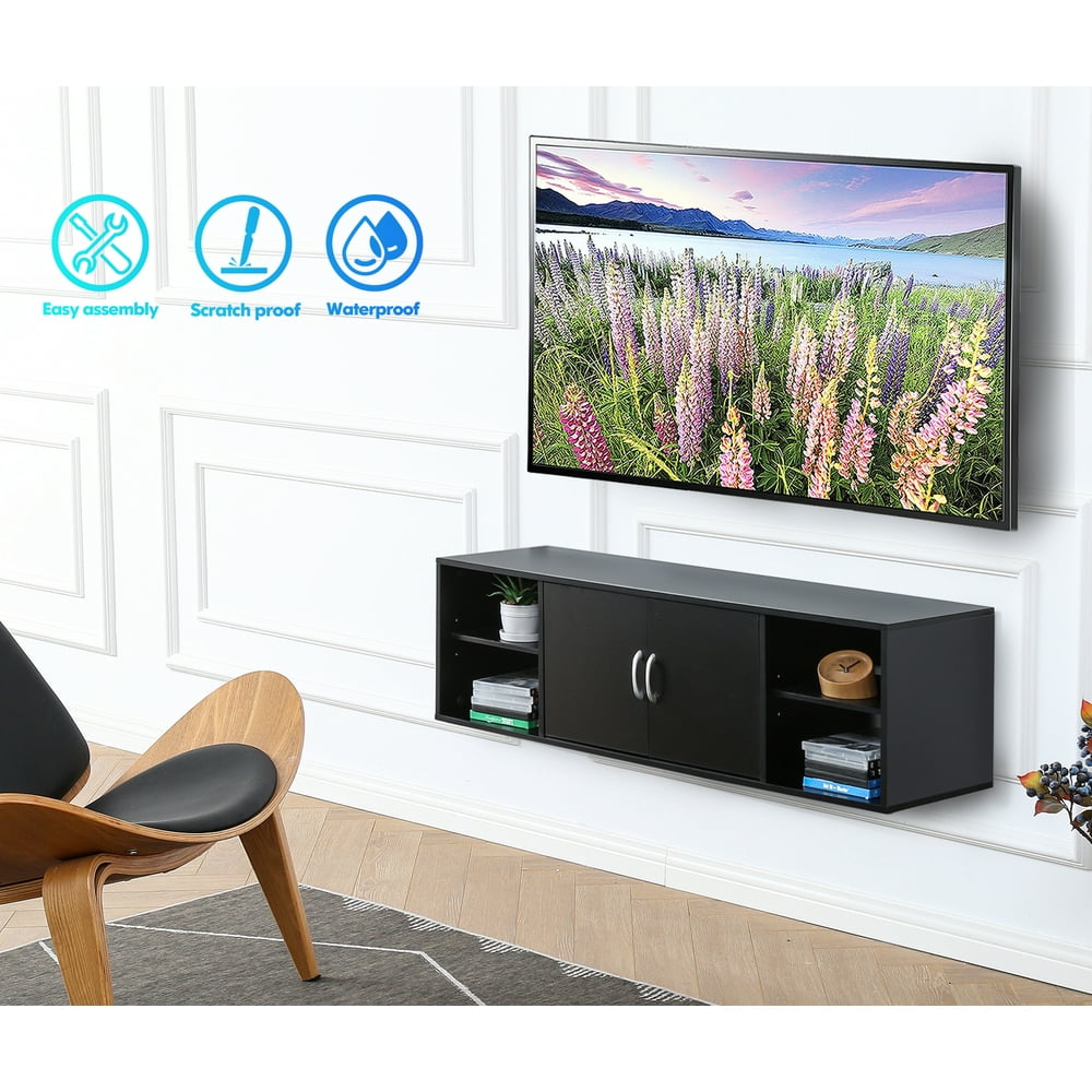 FITUEYES Wall Mounted Shelf with Door, Floating Storage Console Media Black Walmart