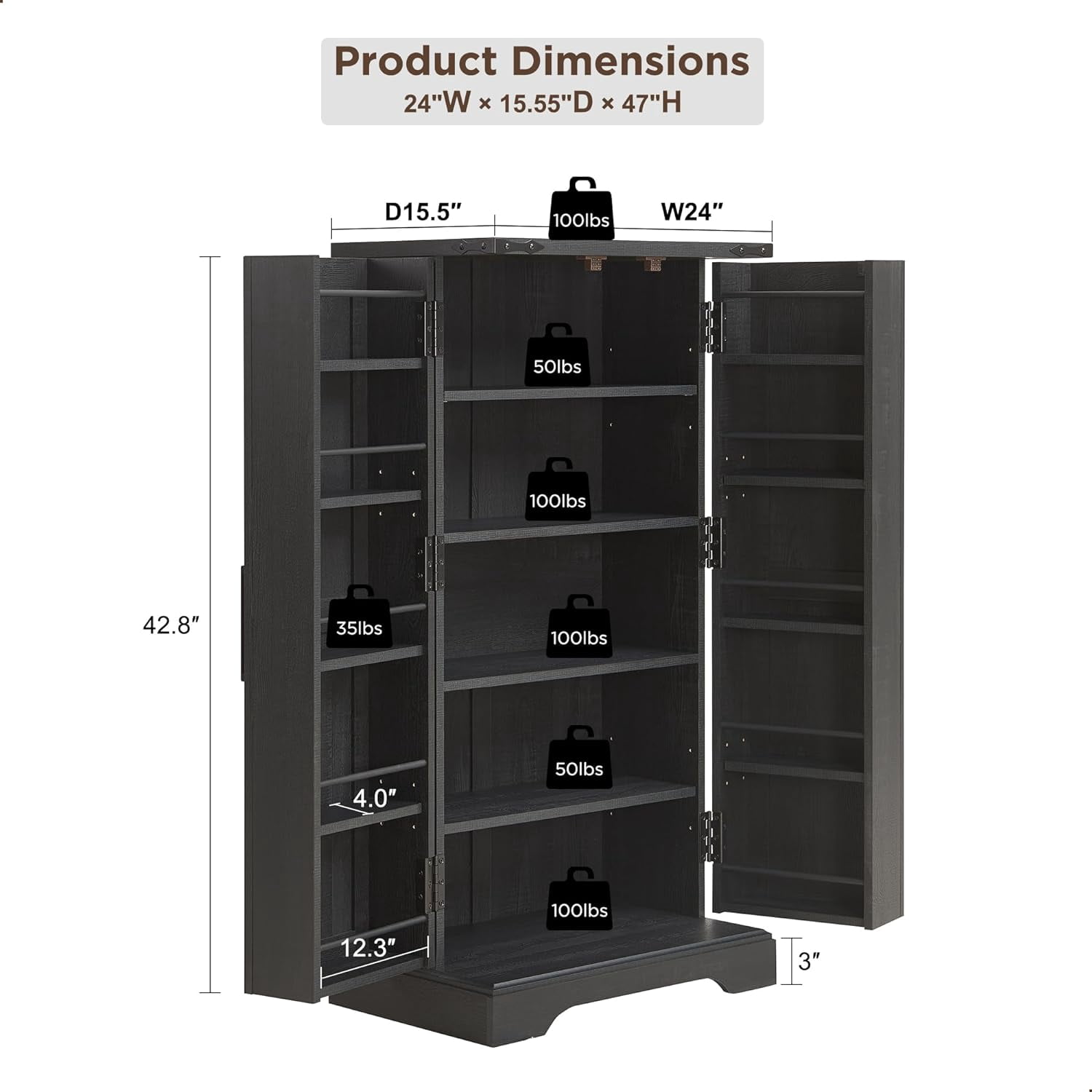 ACCOHOHO 47" Kitchen Pantry Cabinet, Farmhouse Storage Cabinet with Adjustable Shelves for Kitchen, Dining Room, Bathroom - Black