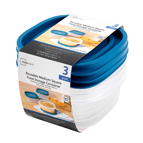 Mainstays Reusable Food Storage Container, Medium Square, Plastic, 3-Pack, 3 Containers with Lids, 5-Cup, Ideal for Meal Planning and Portion Control