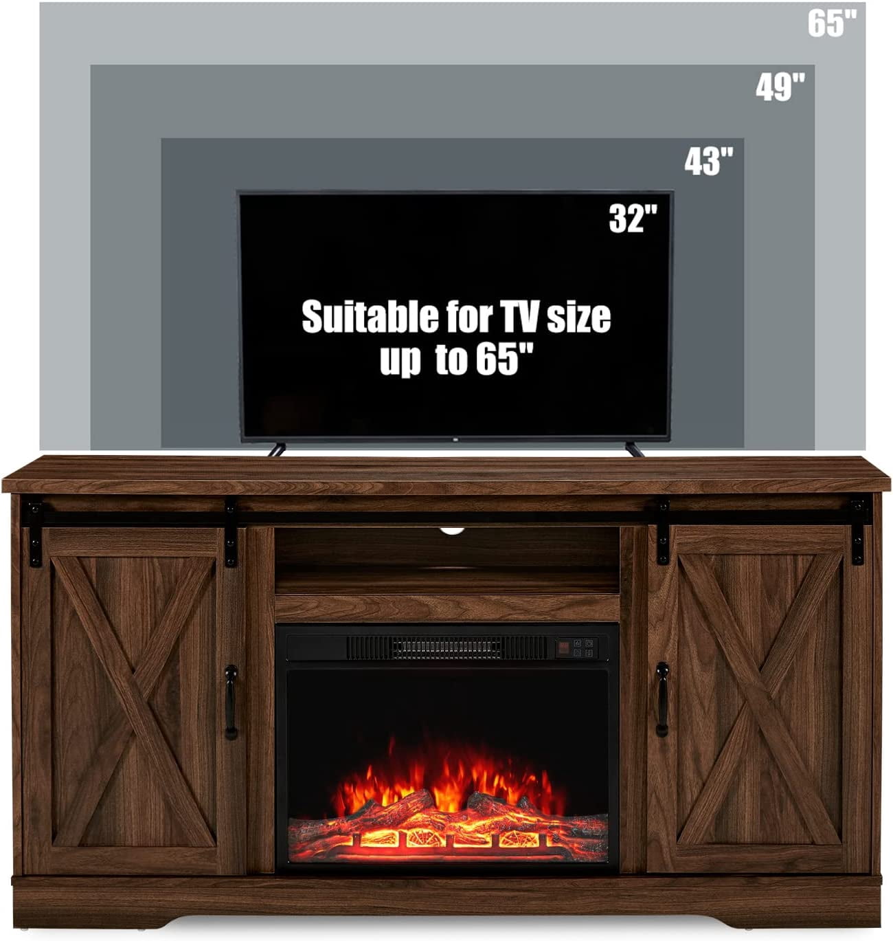 59" Farmhouse Fireplace Entertainment Center with Storage Cabinets/Adjustable Shelvesï¼Dark Walnut, TV Stand Fireplace with Sliding Barn Door for TVs up to 65"