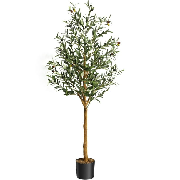 Árbol oliva artificial 5ft con tronco y frutos realistas, juego de 2 plantas para decoración falsa