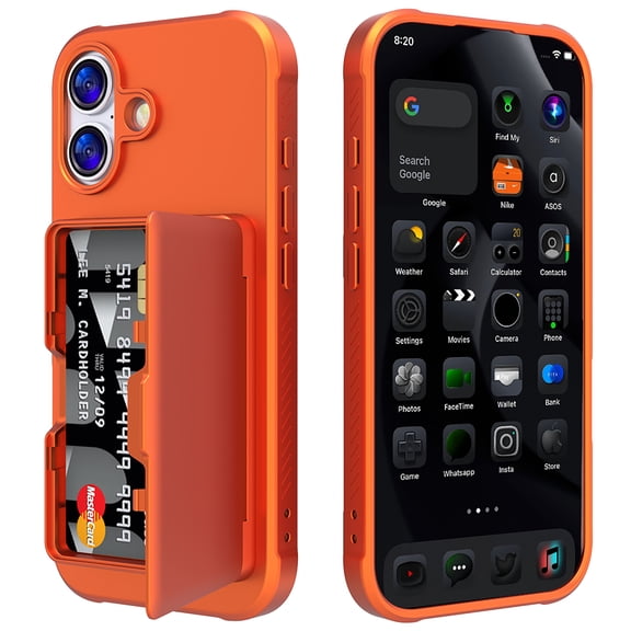 Allytechgroup Phone Case for Apple iPhone 17, Shockproof iPhone 17 Case with Credit Card Slots, Hidden Makeup Mirror Stand Anti-Scratch Protection PC iPhone 17 Cover, Orange