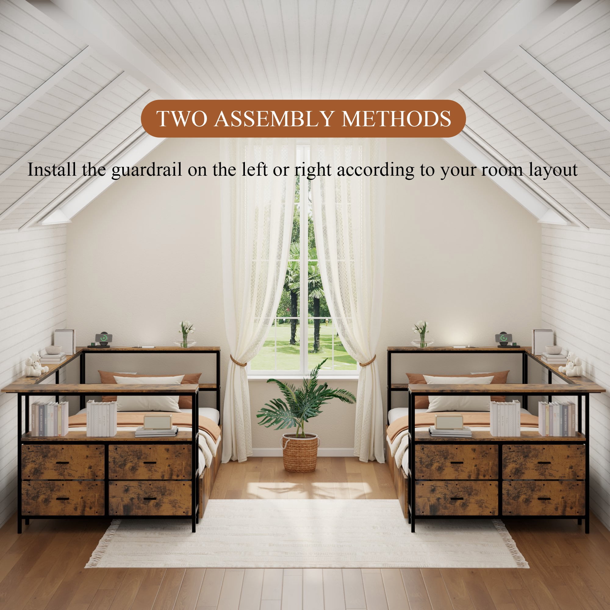 Miniyam L-Shaped Twin Bed Frame with Storage Drawers, Charging Station & Bookshelf, Metal Platform Bed