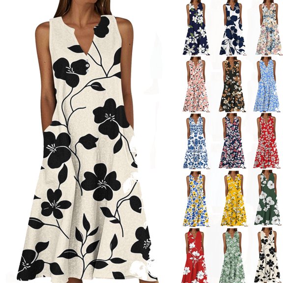 Womens Summer Dresses Womens Summer Fashion Casual Beach Printing Camis Sleeveless V-Neck Dress Beige M