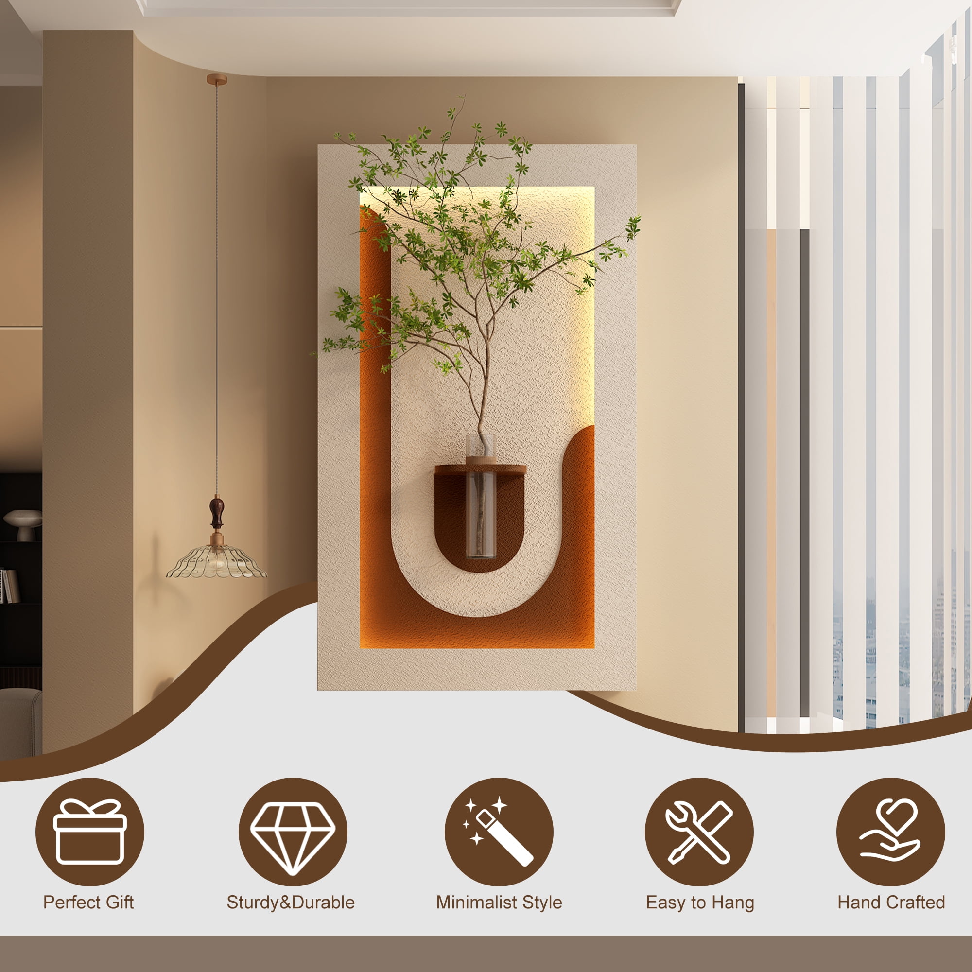 Aukfa 3D Sandstone Wall Art with Artificial Green Plants, LED Wall Decor with Glass Vase & Rabbit Statue, Remote Control for Living Room/Bedroom