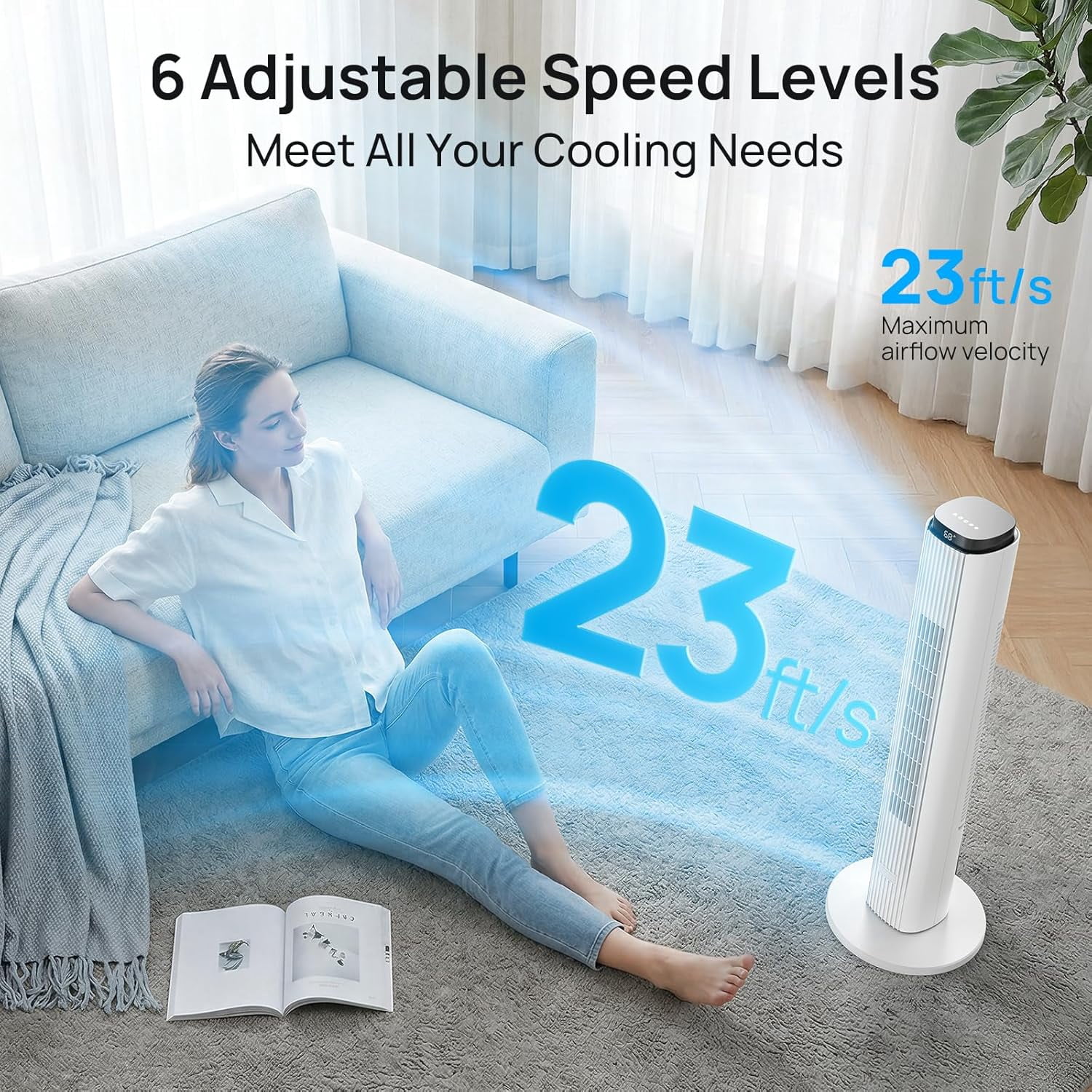 Moifoi 37 inch Tower Fan for Home, 80°Oscillating Bladeless Standing Floor Fan for Large Room, 6Speeds 4 Modes ,12H Timer with Remote,White