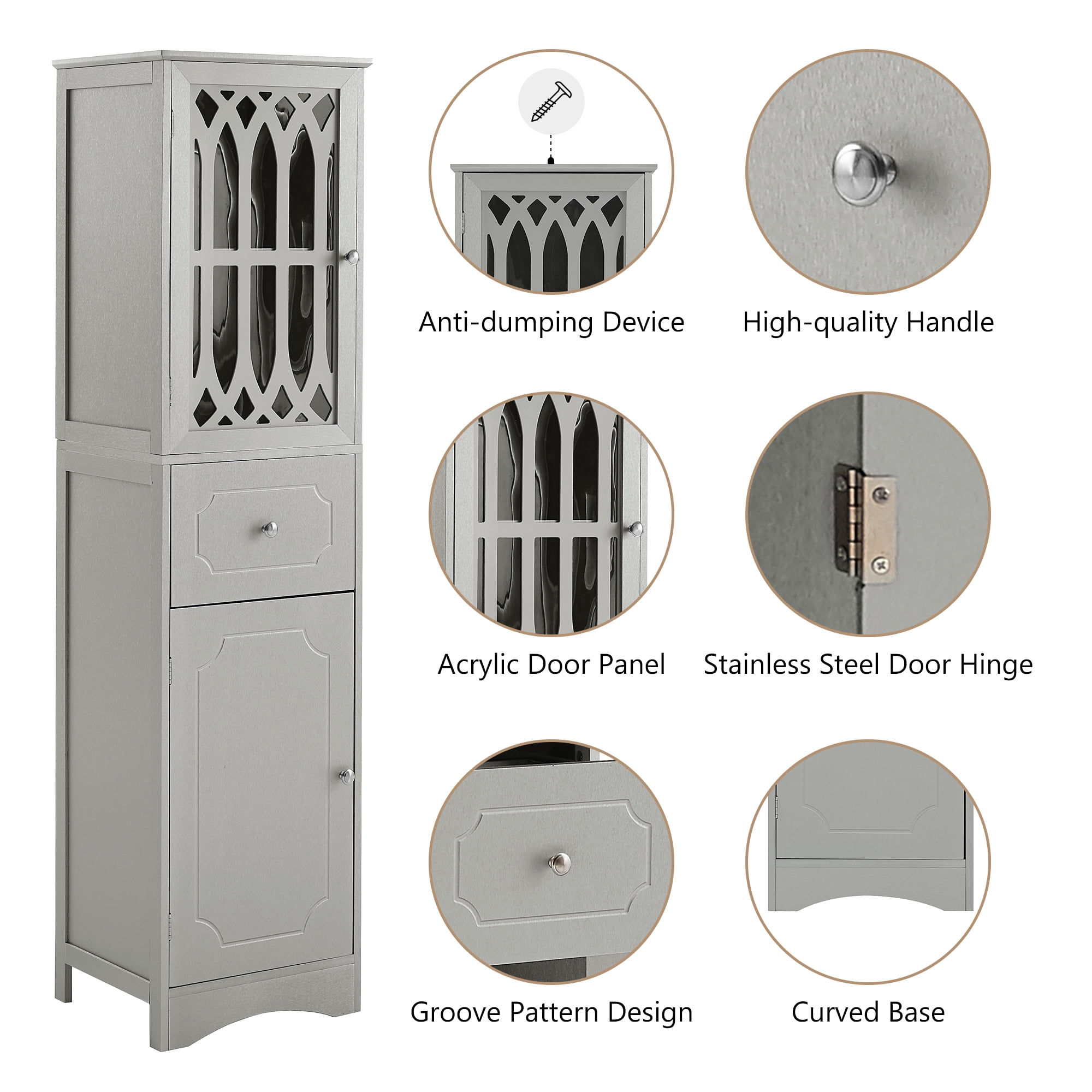 63.8 inch Tall Bathroom Cabinet Freestanding Storage Tower with Drawer and Doors Adjustable Shelf Narrow Cabinet