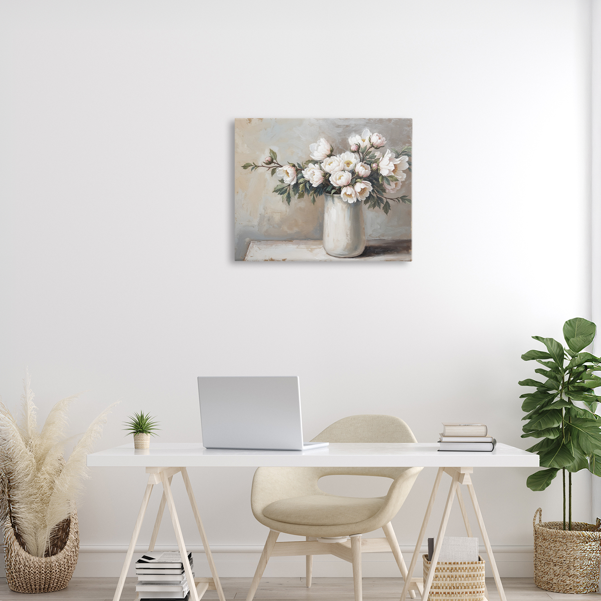 White Flowers in Vase Still Life Canvas Wall Art, design by Lettered and Lined