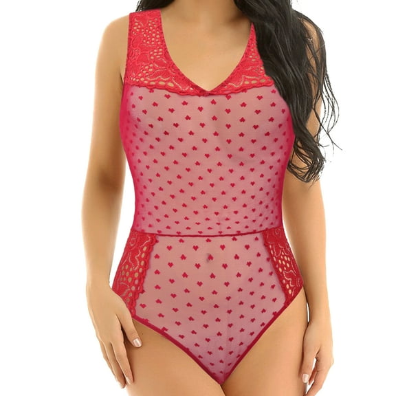 Curve Muse Women's Lingerie Lace Babydoll V Neck One Piece Mesh Bodysuit Nightwear-RED-M