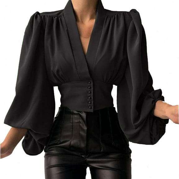 Women's Elegant Long Sleeve Blouse Shirt Deep V Neck Buttons Solid/Printed Casual Work Pullover Tops