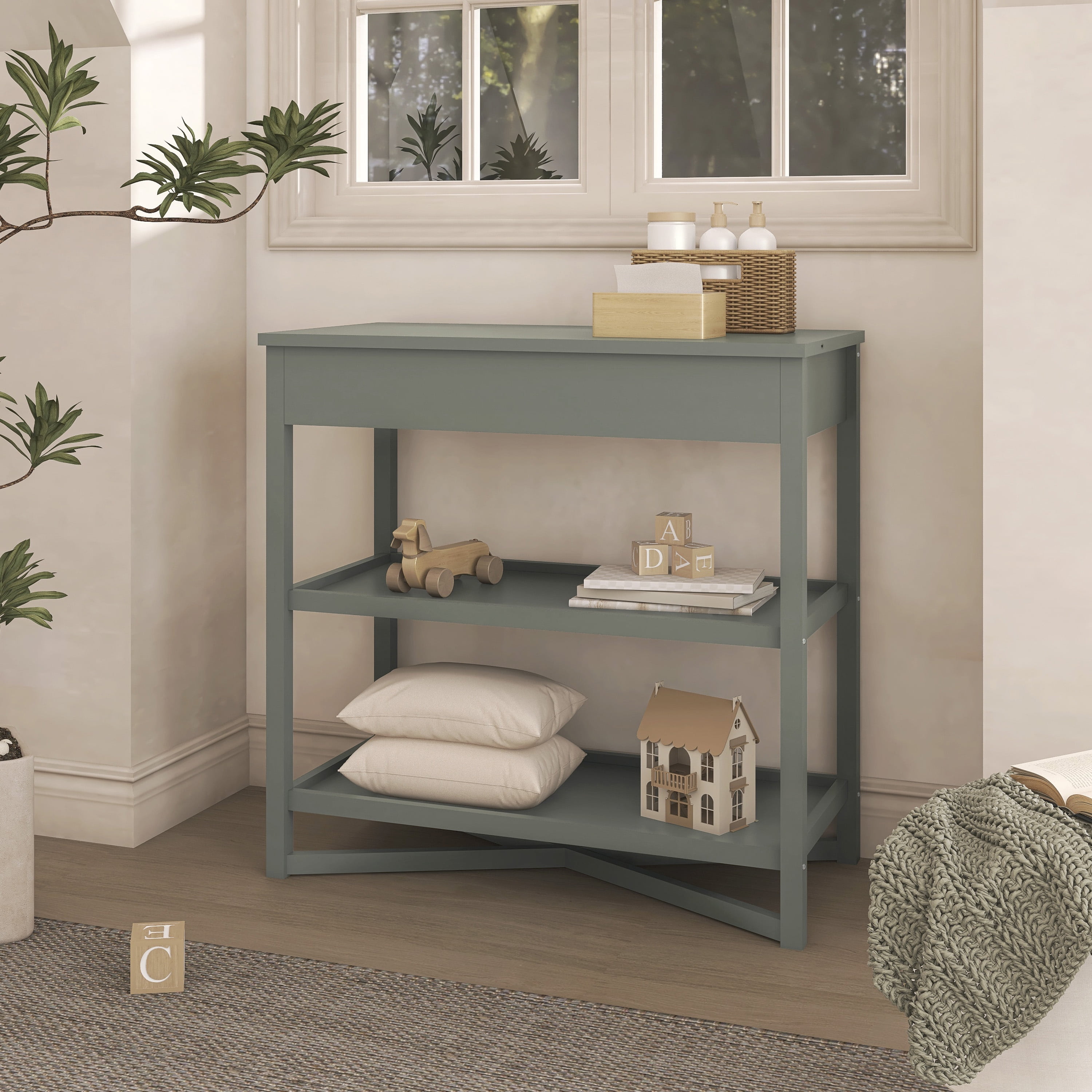 Dream On Me Owen Changing Table in Sea Grass, JPMA Certified, with two bottom shelves for storage