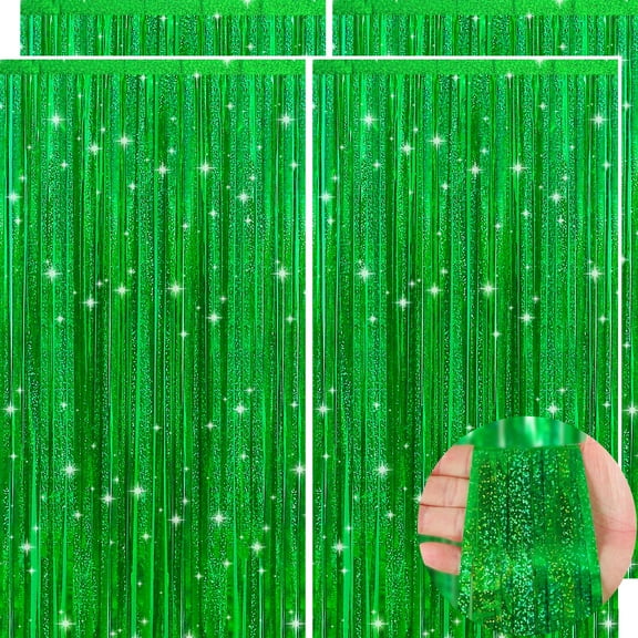 Green Metallic Tinsel Foil Fringe Curtains, 4 Pack 3.3x6.6 Feet Party Streamer for Birthday Bachelorette Party Decorations