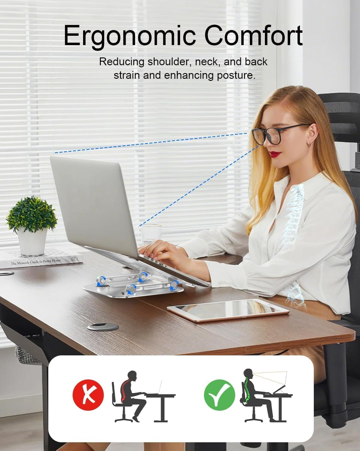Laptop Stand for Desk, Adjustable Metal Foldable Laptop Riser Holder, Aluminum Desktop Book Stands, Ventilated Cooling Computer Notebook Stand with 10-17" (Silver)