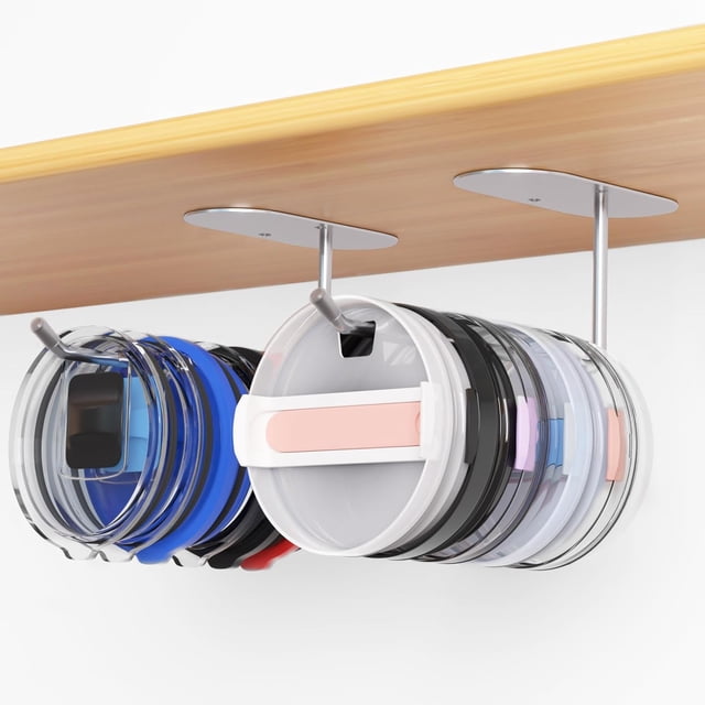 2 Pack Tumbler Lid Organizer - Horizontal - Self-Adhesive Under-Cabinet Mount, Space-Saving Design, Holds Multiple Lids, Clutter-Free Kitchen Cabinets and Countertops Organization, Steel, Silver