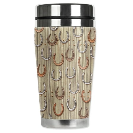 

Mugzie brand 16-Ounce Stainless Steel Travel Mug with Insulated Wetsuit Cover - Horse Shoe’s (tan)