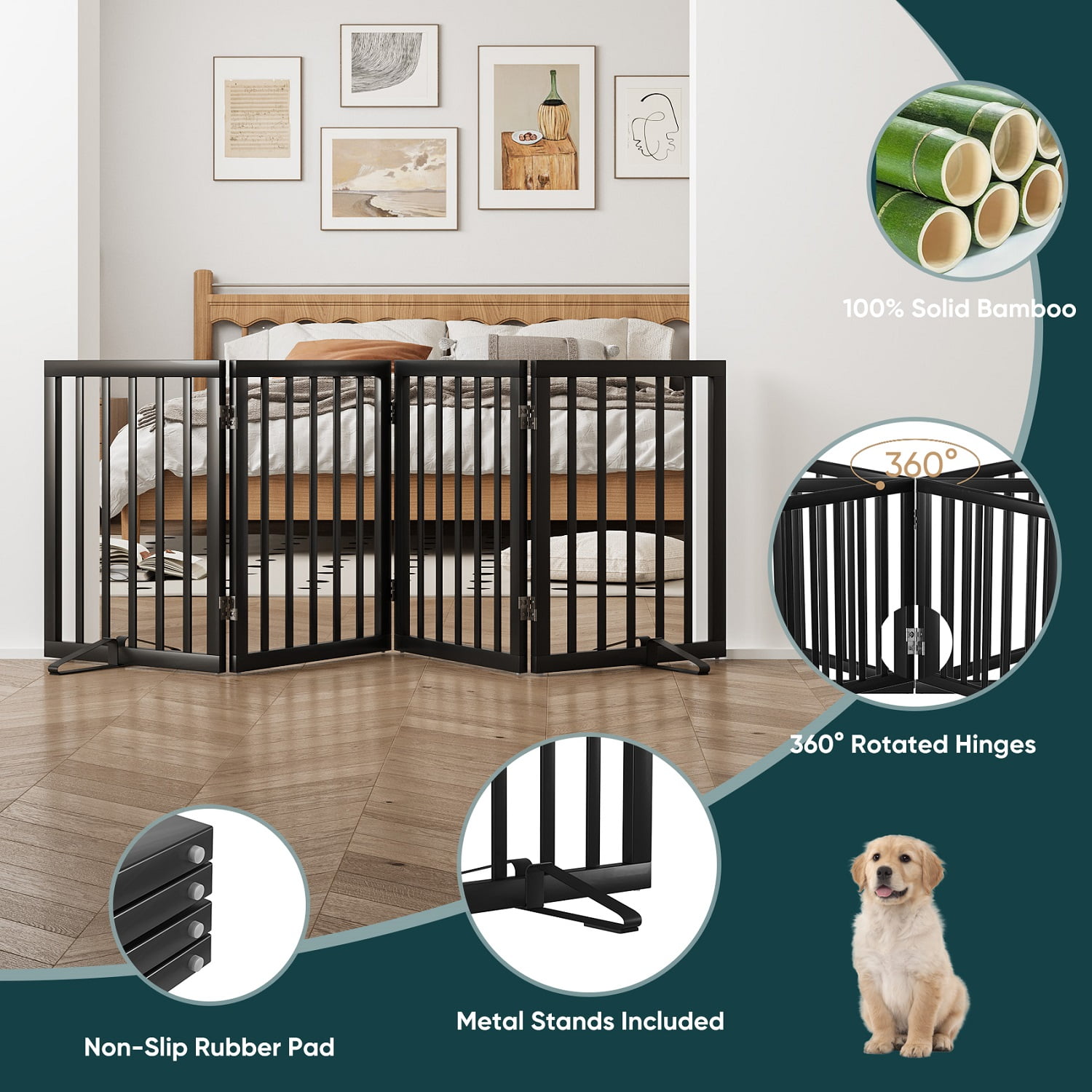 Algherohein Dog Gate for Inside,Bamboo Freestanding Pet Gate for Doorways,Indoor, 24" Black