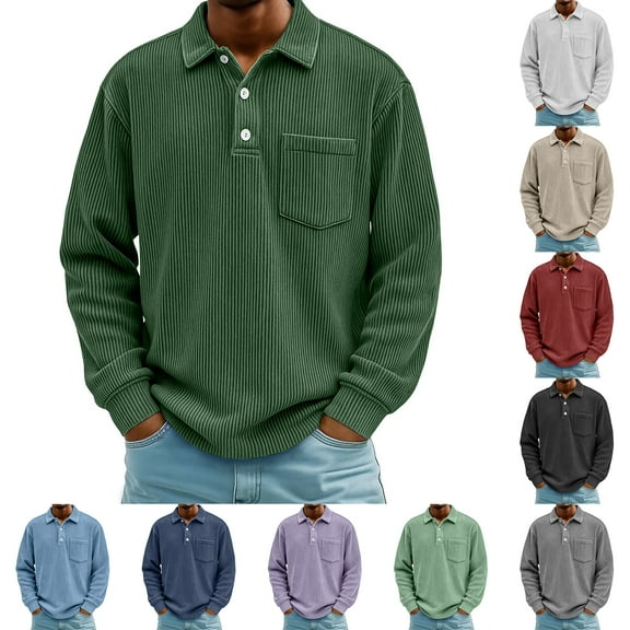 Fabrcox M-3xl Mens Corduroy Big and Tall Polo Shirts Retro Textured Long Sleeve Button Up T Shirts with Pocket Casual Fall Spring Pullover Tee Tops Red 3XL