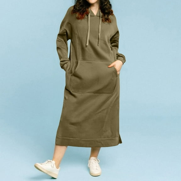 Hoodie Dress for Women Long Sleeve Warmy Oversized Hooded Dress Solid Color Long Sweatshirt with Pocket,GN2 M