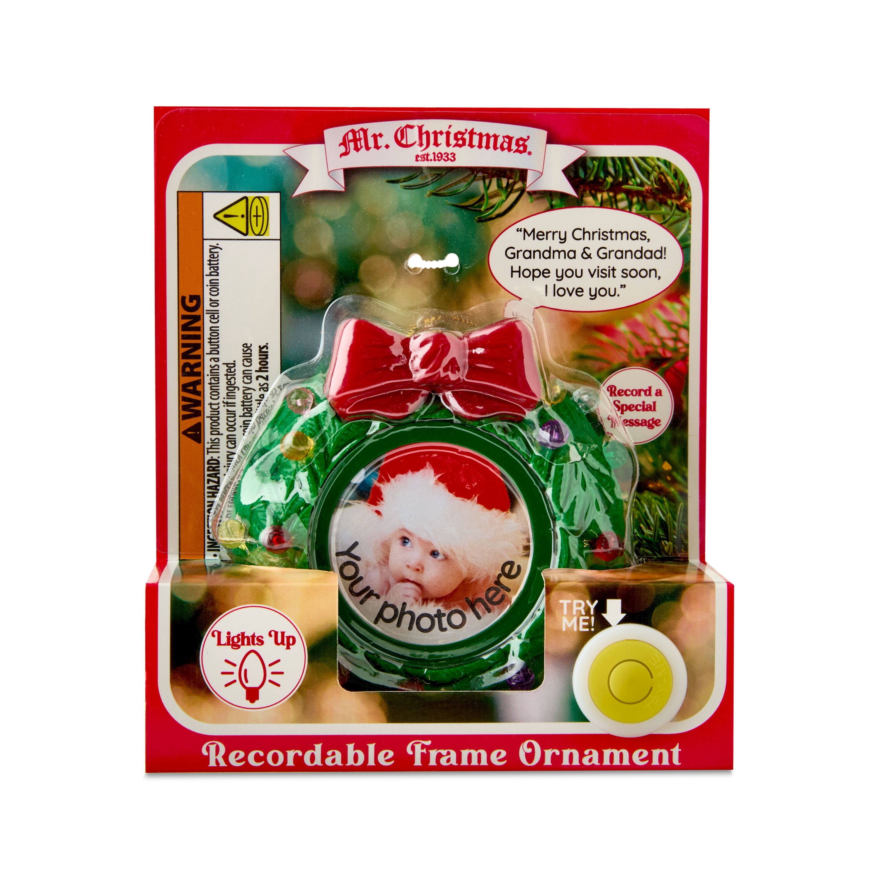 Mr. Christmas Recordable Picture Frame Wreath Ornament, Green