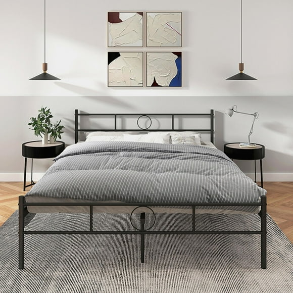 Cama Matrimonial FurnitureR Queen de Metal Negro con Soporte Reforzado 211x153 cm