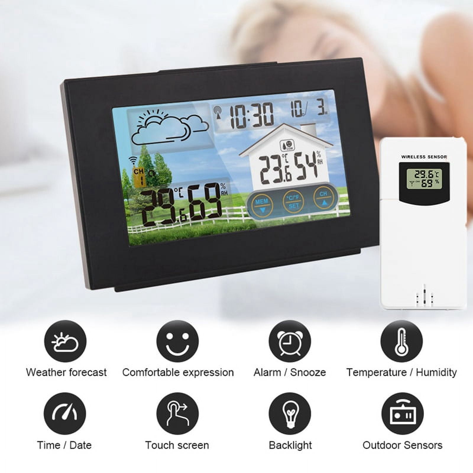 Katigan With Sensor Color Touch Screen Alarm Clock Wireless Weather Station Forecast Indoor Outdoor Thermometer Hygrometer