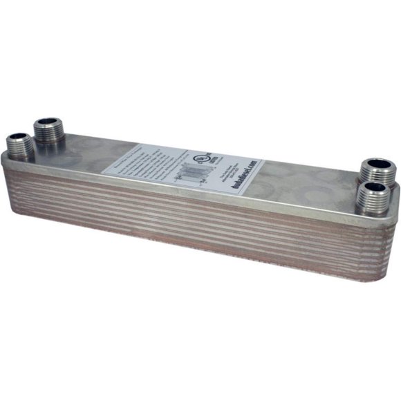 Duda Energy HX2320:M34M12 B3-23A 20 Plate Stainless Steel Heat Exchanger with 3/4" Male NPT x 1/2" Male NPT Ports Copper Brazed, 2" Height, 2.9" Width, 12.4" Length