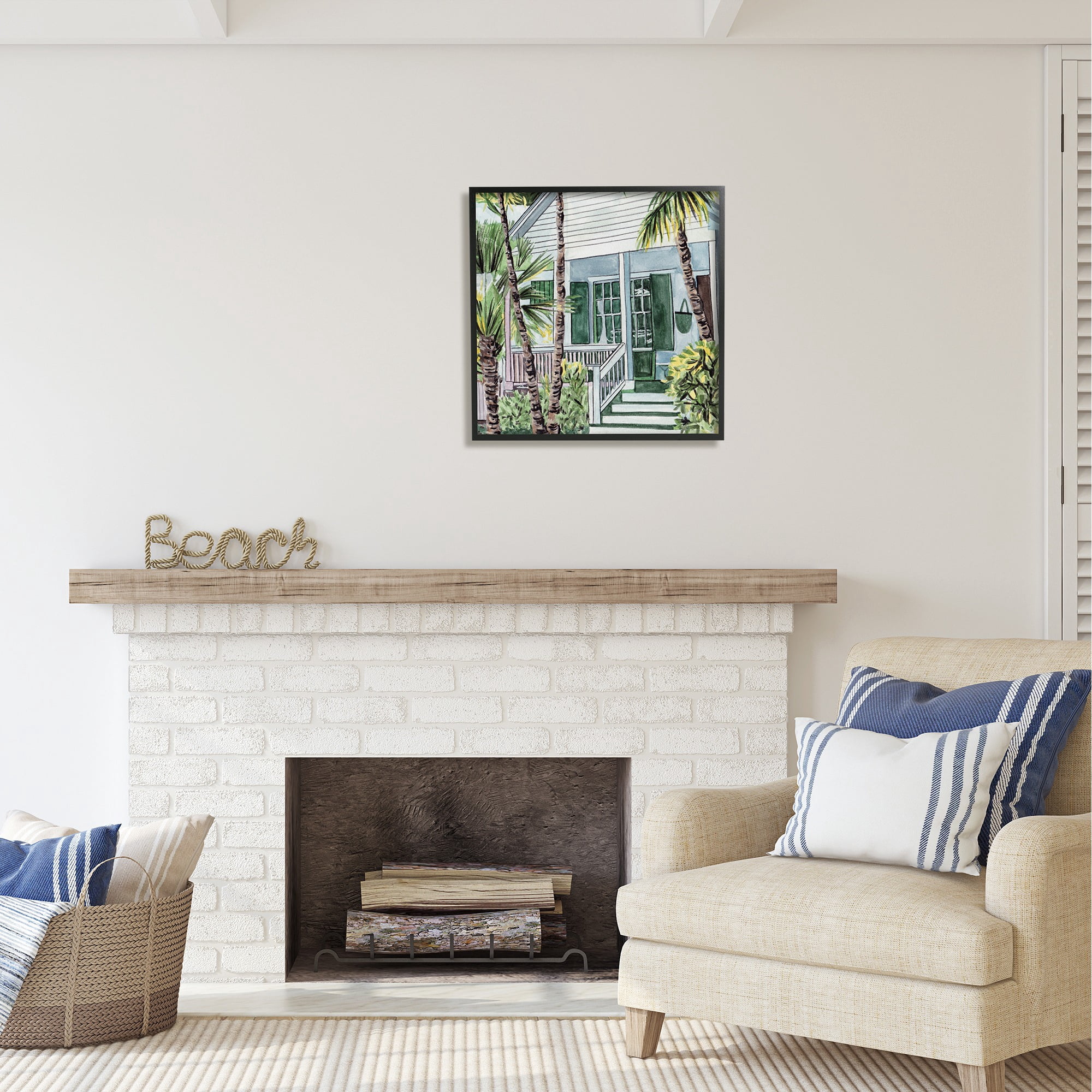 Stupell Industries Tropical Beach Cottage Botanical & Floral Painting Black Framed Art Print Wall Art, 24 x 24