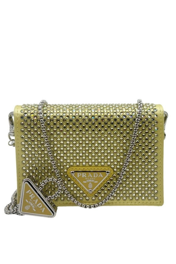 Pre-Owned Prada Triangle Logo Crystal Satin Chain Card Holder Shoulder Bag Gold