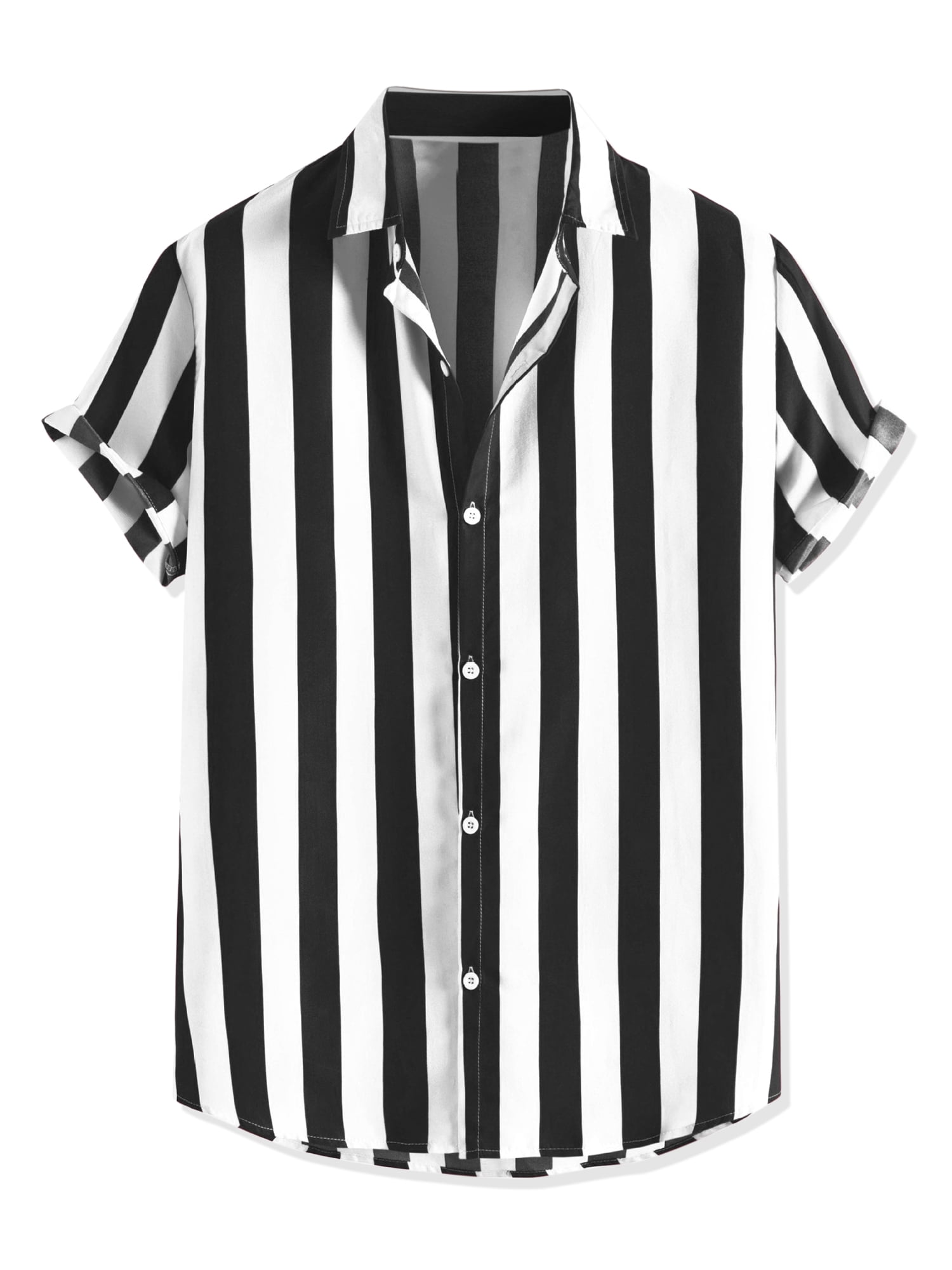 Unique Bargains Men's Short Sleeved Color Block Button Down Beach Stripe Shirt M Black