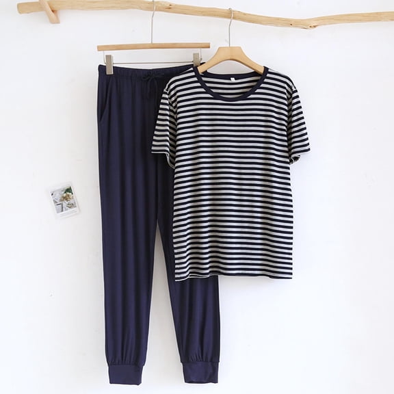 Juslio Mens Pajama Sets Short Sleeve Homewear Crewneck Tops and Pants Fashion 2 Piece Matching Pajamas Sets L
