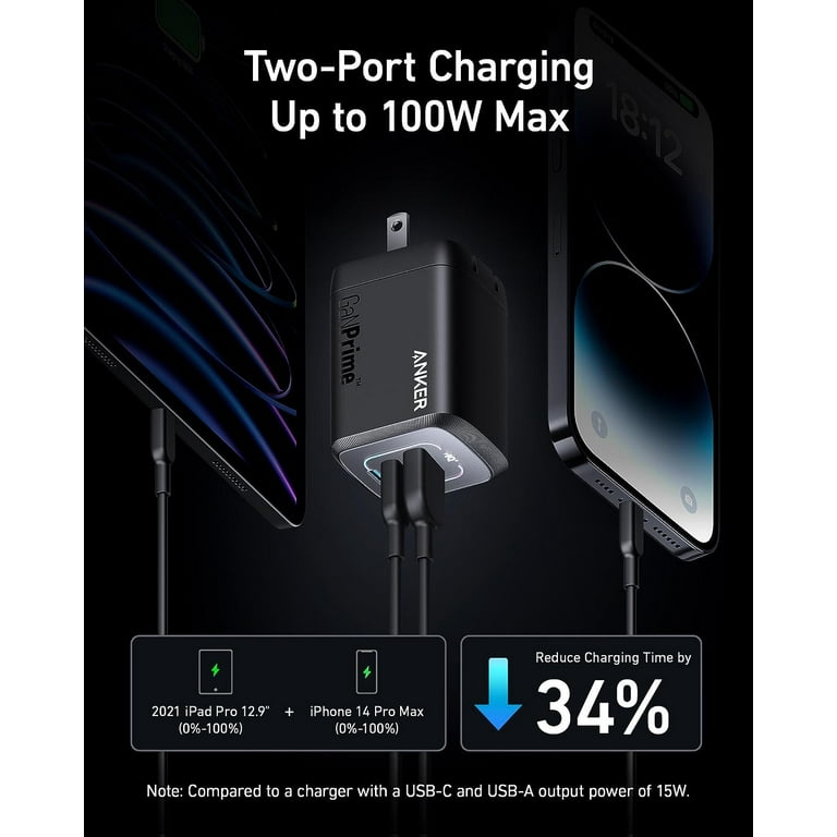 Anker Prime 100W USB C Charger, Anker GaN Wall Charger, 3-Port
