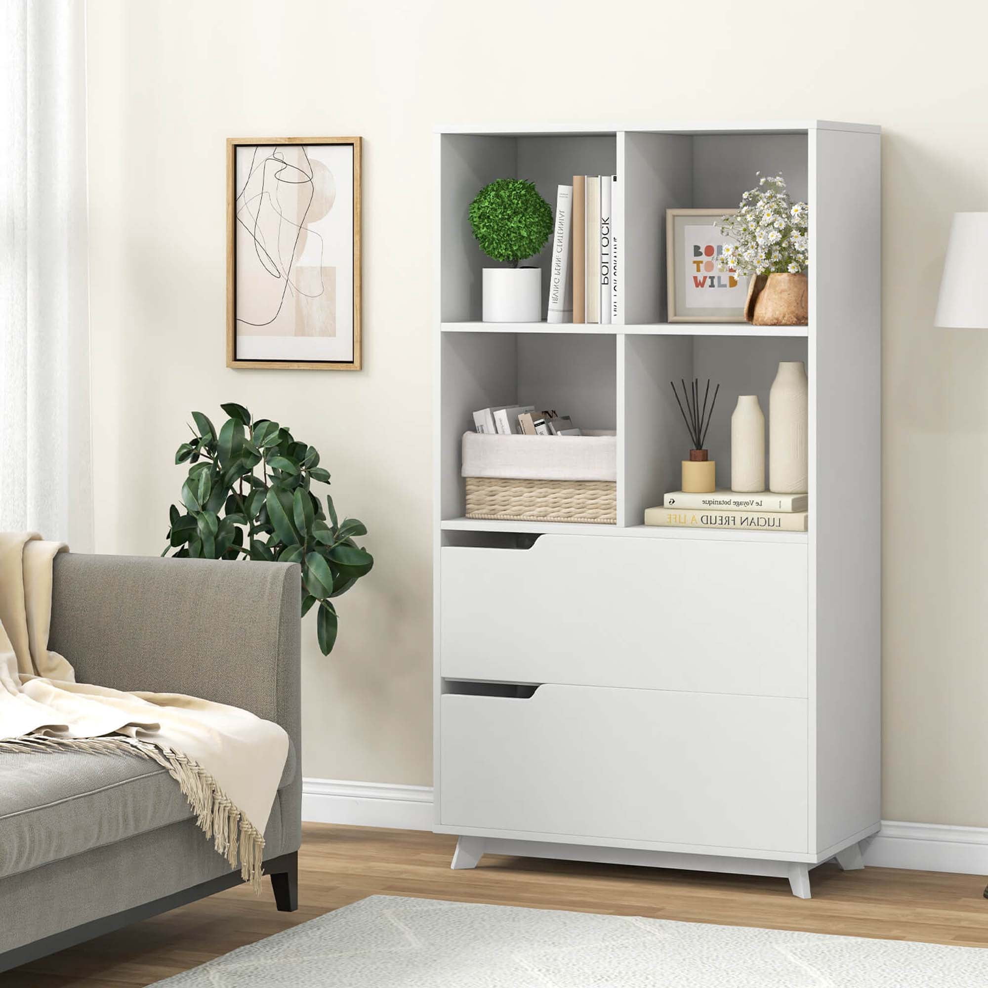 Costway Bookcase with 2 Drawers 4-Tier Open Bookshelf with 4 Storage Cubes for Home Office