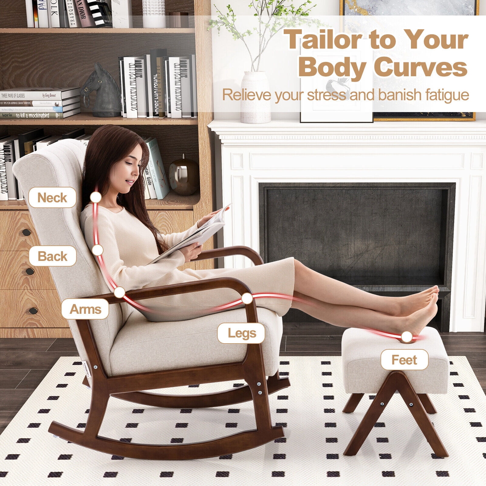 Amijoy Nursery Rocking Chair w/ Ottoman, Upholstered Rocker Chair w/ Footrest, Stable Rubber Frame & Tufted Backrest, Modern Rocking Chairs