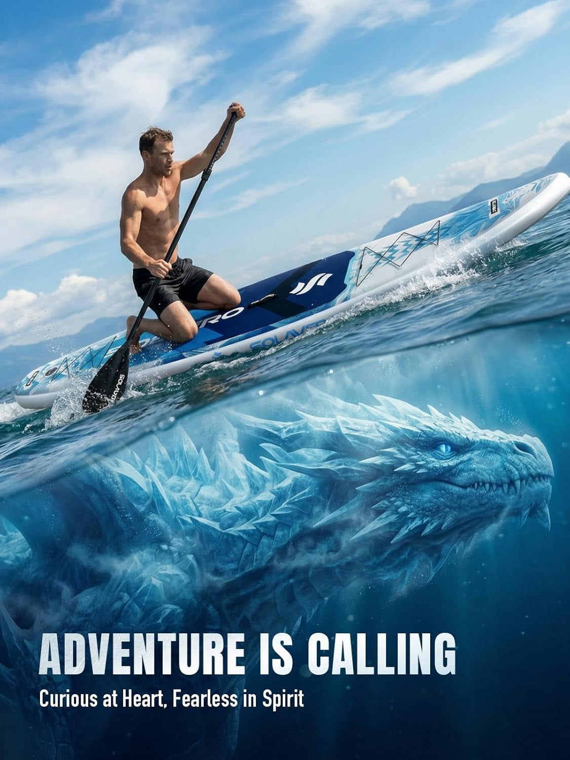 SOLAVERO 12'5"×33" Extra Large Inflatable Stand Up Paddle Board with Seat Premium Accessories, Anti-Slip EVA Deck SUP Board For 2+1