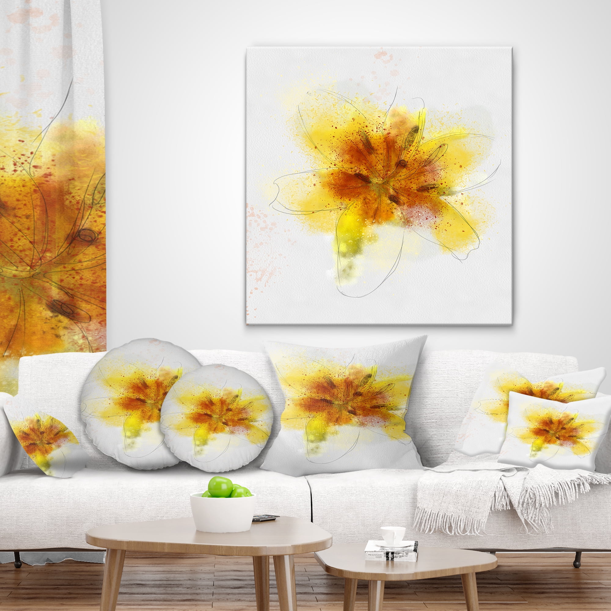 Designart Yellow Flower Sketch on White - Flower Throw Pillow - 18x18