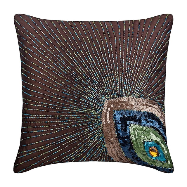 Funda de almohada decorativa marrón con cremallera, 40 x 40 cm (16 x 16 pulgadas), funda de almohada de seda para sofá, pájaros, pavo real, pluma de pavo real, estilo art déco, con lentejuelas -